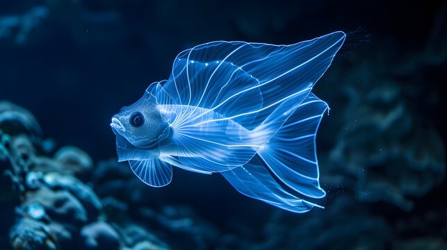 Bioluminescent batfish swimming in the murky depths of the ocean with its glowing patterns visible
