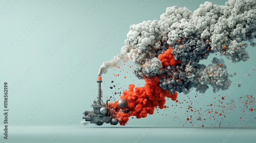 Poster illustrating molecular dynamics of air pollution digital artwork industrial setting abstract interpr