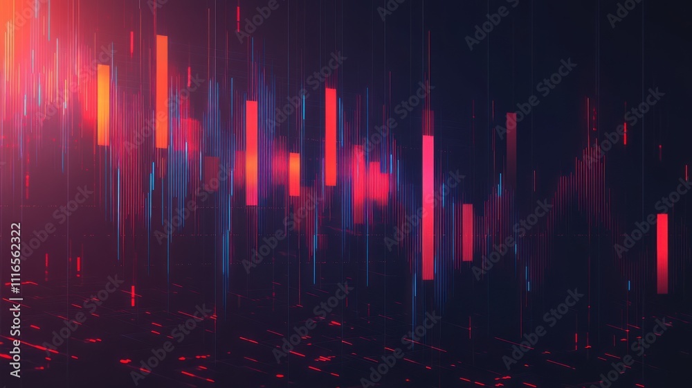 Poster Abstract financial data visualization with glowing bars and grid.