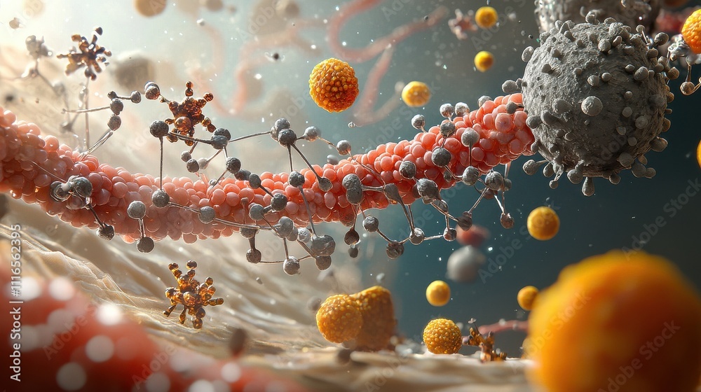 Poster Exploring protein folding dynamics a digital rendering in vibrant colors scientific visualization abstract environment macro viewpoint biochemical concept for enhanced understanding