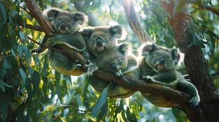 Fototapeta premium A family of koalas comfortably nestled in eucalyptus trees during a bright, sunny day, with the dappled sunlight filtering through the leaves and their sleepy faces