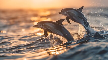 A group of playful dolphins leaping out of the sparkling ocean in the early morning light, with the vibrant colors of the sunrise reflecting off the water