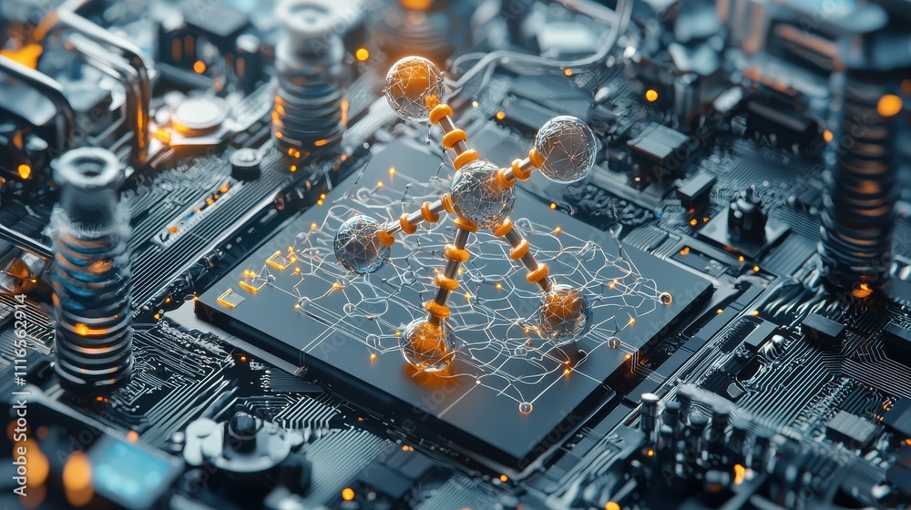 Aufkleber visualizing futuristic molecular structures on circuit boards scientific environment 3d rendered con
