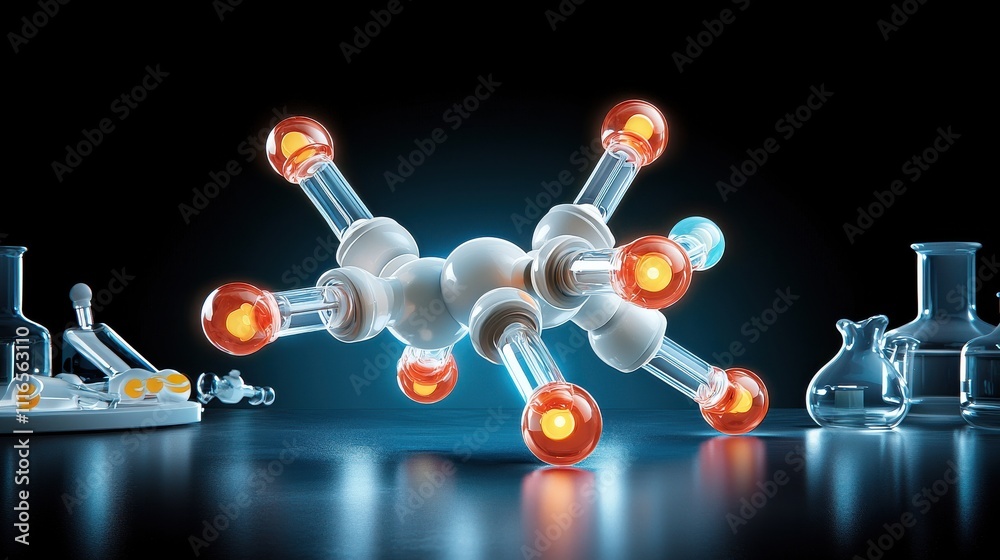 Poster Illuminating molecular structure showcased in laboratory setting scientific visualization of synthetic standards dynamic perspective on chemical innovation and research