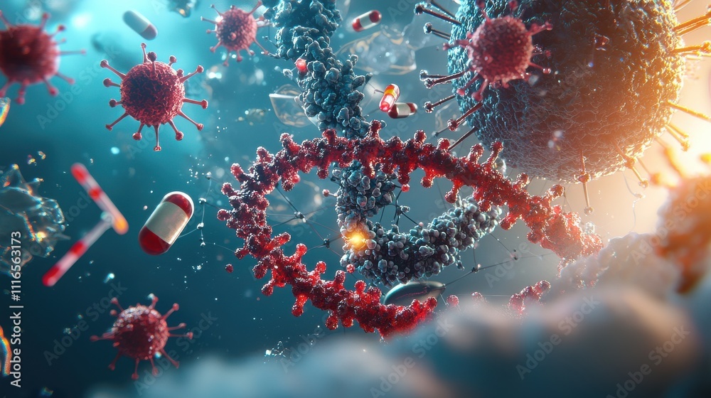 Poster exploring antiviral molecular structures biochemical visualization laboratory environment scientific