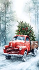 Car, Truck Carrying Christmas Tree, Snow, Santa Claus, Ornaments, Abstract Image, Texture, Pattern Background, Wallpaper, Cover and Screen of Smartphone, PC, Laptop, 9:16 and 16:9 Format