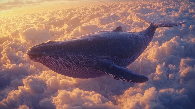 Mystical Whale Above the Clouds: A surreal depiction of a whale floating peacefully above a sea of clouds,