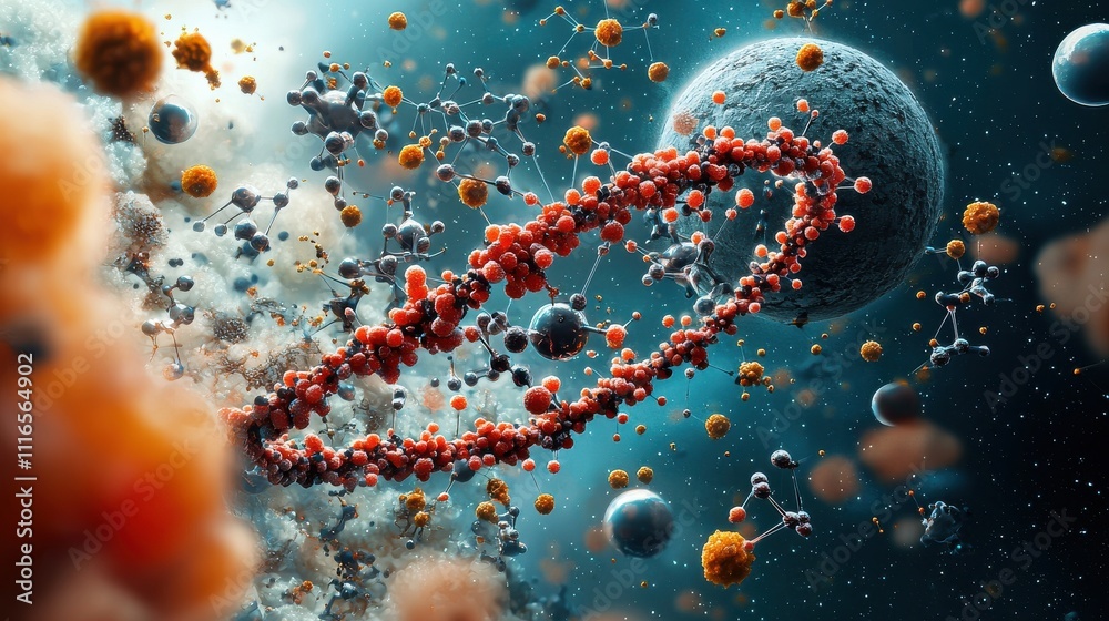 Poster molecules transforming into large standards in a surreal space environment a conceptual artistic exp