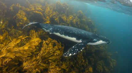 Fototapeta premium Whale and Giant Kelp Forest: A whale gliding gracefully through dense underwater kelp,