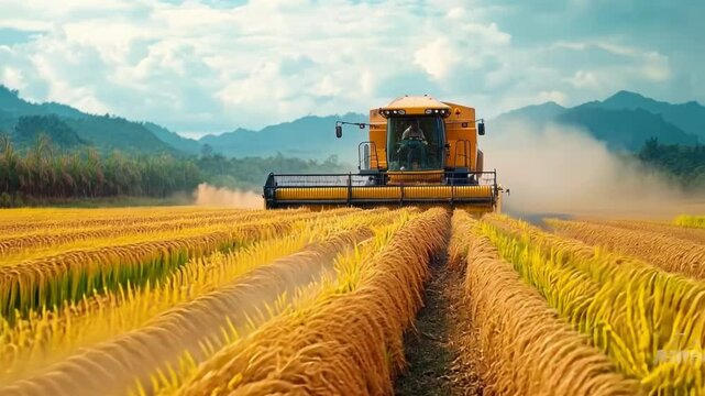 A modern approach to rice harvesting using a combine harvester in action cutting and harvesting rice on a large plantation, demonstrating efficiency and manufacturability.