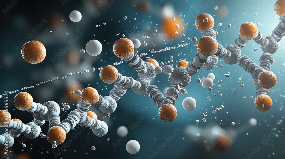 Aufkleber Molecules interacting in a blue liquid environment scientific visualization of molecular dynamics and behavior