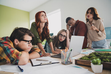 Photo of nice young people stressed deadline solve problem comfortable modern office loft room...