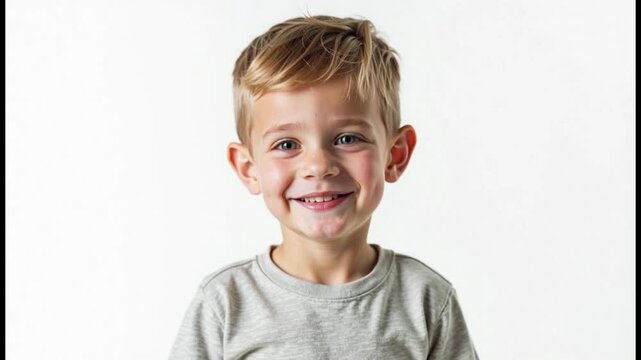 Smiling young boys slide-show with joyful expression on plain white background