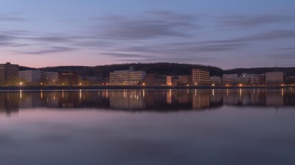 Obraz premium Calm city skyline reflecting on a tranquil river at dawn.