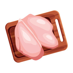 one whole chicken breast on bread board isolated on white background