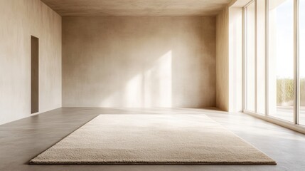 Fototapeta premium Minimalist empty room with beige carpet, concrete floor, and large window.