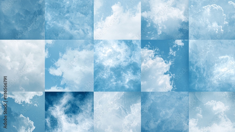 Poster delicate wisps of cloud float in a serene light blue backdrop, forming an intricate collage that ins