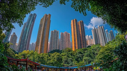 Fototapeta premium Urban Jungle: Hong Kong's Skyscrapers Emerging from Lush Greenery