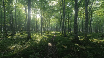 Obraz premium Sunlit Forest Path: A Serene Morning in the Woods