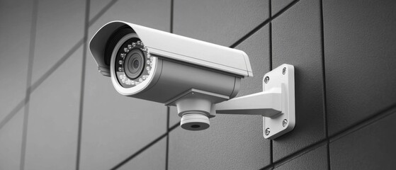 A white security camera mounted on a gray tiled wall