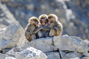 Obraz premium Monkeys Engaged in Social Interaction While Grooming Each Other During the Golden Hour on Rocky Terrain with Beautiful Natural Lighting