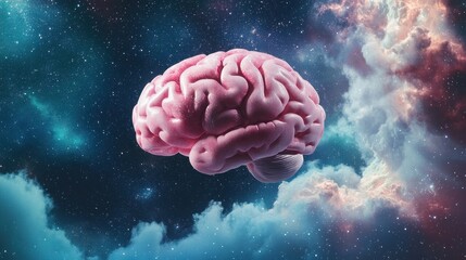 A human brain floats in a vibrant nebula, symbolizing cosmic consciousness and the vastness of the mind.