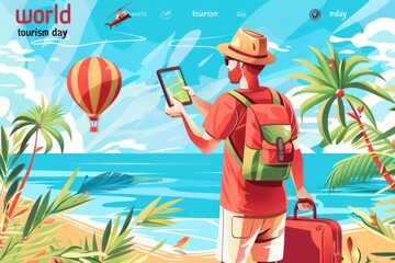 Man uses tablet to navigate tropical beach vacation.