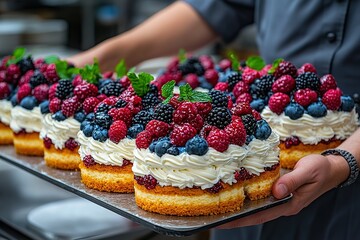 A baker carries a tray of freshly baked cakes topped with whipped cream and a variety of berries.