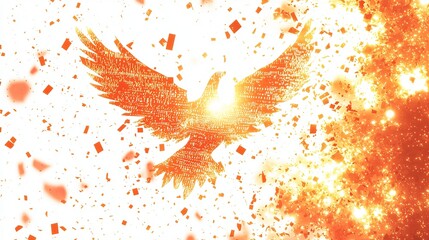 An abstract representation of a glowing orange eagle soaring through a burst of light and digital fragments.