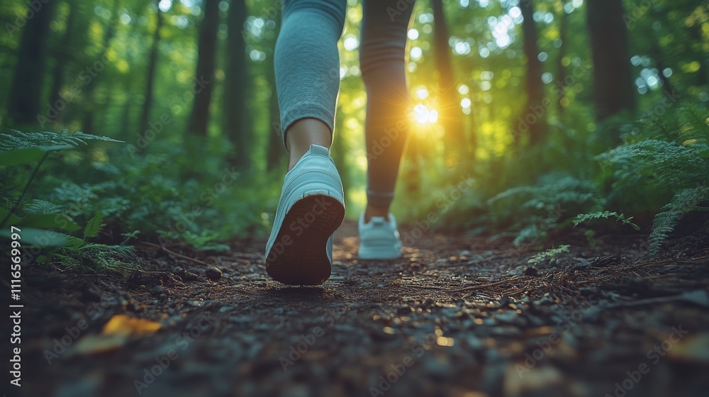 Poster a person walks along a dirt path in a lush forest, sunlight filters through the trees, creating a pe