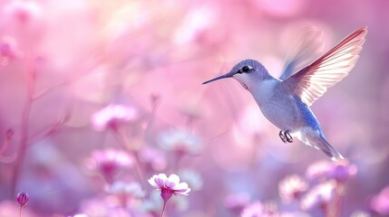 Fototapeta premium A hummingbird in flight amidst a field of delicate pink flowers. Soft, pastel colors create a serene and beautiful scene. Sunlight streams through the flowers, illuminating the hummingbird's wings.