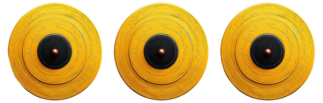 Three yellow circular shields with black centers and red knobs