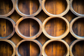 Wooden wall with circular cutouts.