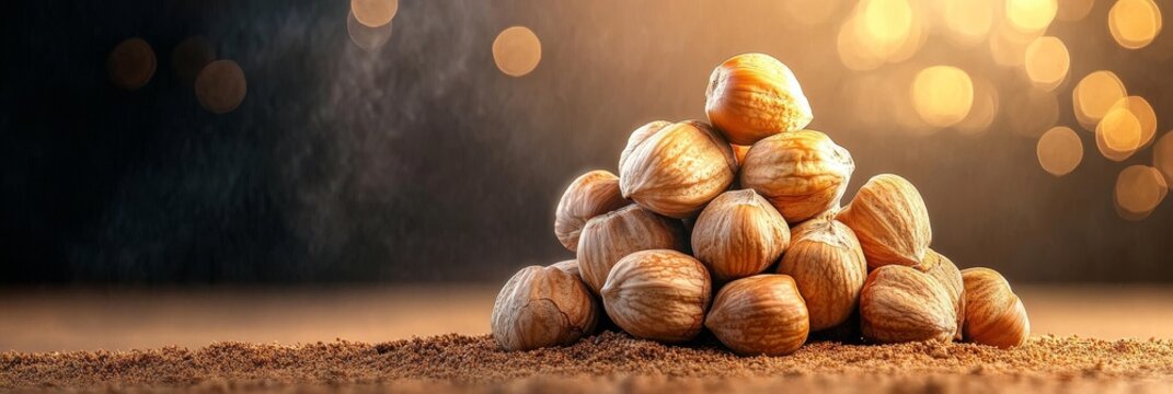 Delicious Hazelnut Pile with Bokeh Background - A captivating arrangement of hazelnuts stacked on a textured surface illuminated by warm bokeh lights, symbolizing abundance, nutrition, and natural bea