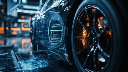 Futuristic car with holographic interface in high-tech garage