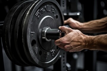 Fototapeta premium A man securing a weight plate on a barbell in a gym.
