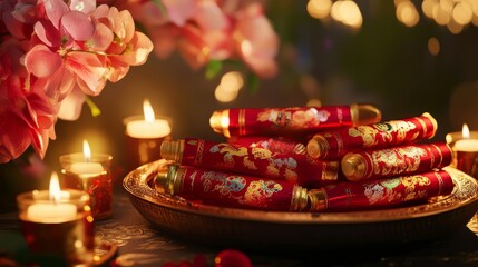 Festive Red Firecrackers Surrounded by Flowers and Candles