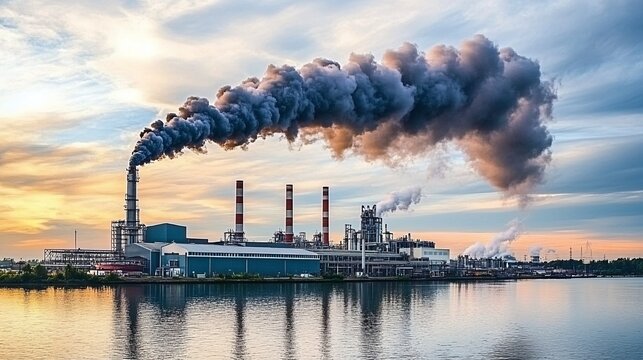 A factory spewing dark smoke into a cloudy sky dominating the industrial landscape.
