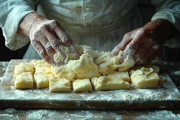 Close-up of a baker's hands working dough on a wooden cutting board.