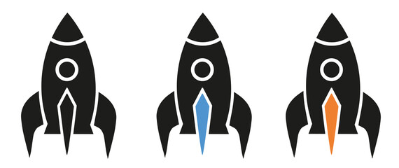 Collection of three vector rocket icons featuring different colors and designs suitable for digital projects