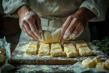 A baker's hands knead and shape dough into biscuits, creating a warm and inviting scene.