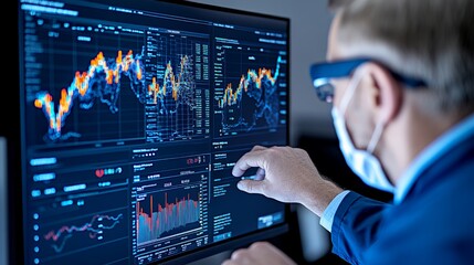 Analyst in Focus: A focused businessman wearing a face mask studies a series of financial data graphs displayed on a large computer monitor. The image conveys a sense of concentration, meticulousness.