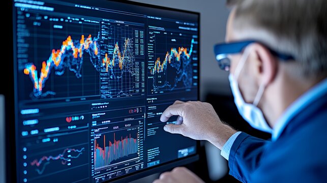 Analyst in Focus: A focused businessman wearing a face mask studies a series of financial data graphs displayed on a large computer monitor. The image conveys a sense of concentration, meticulousness.