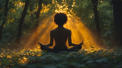 Obraz premium A solitary figure sits in a meditative pose among trees, bathed in golden light as the sun sets, creating a peaceful atmosphere in nature.