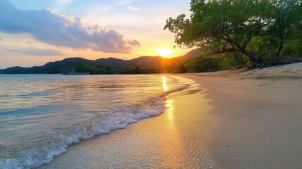 serene tropical beach at sunset with golden light reflecting on water