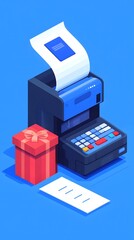 A blue credit card, red gift box, and black console, in an isometric style, a plastic cartoon render with paper rolled up from the top to display