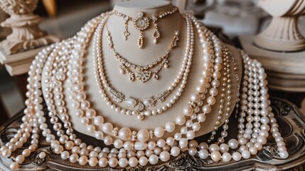 Elegant pearl necklaces and pendants displayed on a mannequin.