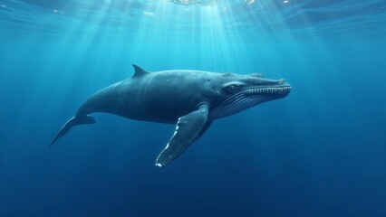 Fototapeta premium Close-up view of a solitary humpback whale swimming in expansive blue ocean water, embodying marine conservation
