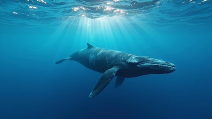 Fototapeta premium Graceful humpback whale gliding through sunlight-drenched blue waters, spotlighting ocean conservation efforts