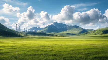 Fototapeta premium Expansive Green Field with Wind Turbines Against Mountainous Background